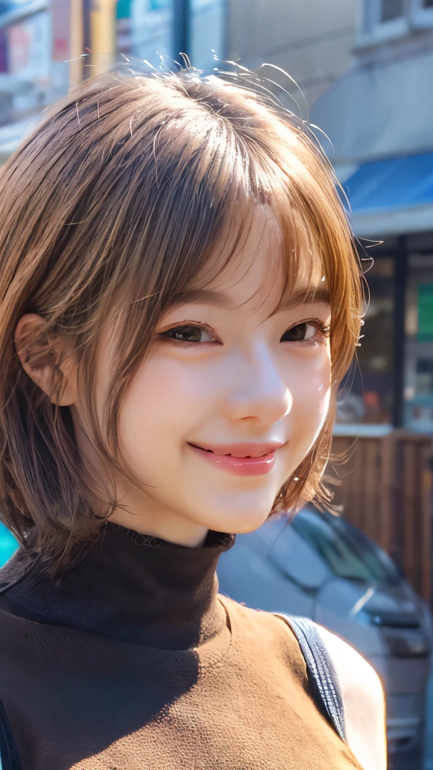 Light brown hair color, Ahoge, short hair, Hair ties, light smile, smile, Anaglyph, ukiyo-e, Anime style, 8k, Super Detail, Accurate, highest quality, Ultra-high resolution, 4K -- Auto,(head shot:1.5)、tight knit dress