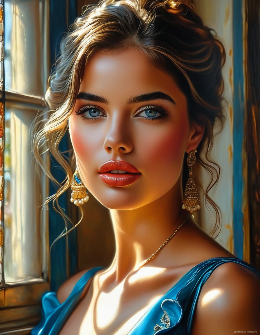 (Melhor qualidade, 4K, 8k, high resolution, obra de arte: 1.2), (super detalhado, realista, Fotorrealista:1.37)Uma jovem cativante, vestindo um conjunto impressionante de vermelho e azul, stands in front of a window with an air of toughness and determination. Her enchanting eyes are exquisitely detailed, capturando cada brilho e profundidade, while her lips boast a meticulous beauty that is both captivating and seductive. The level of detail extends to the entire face, every contour and feature meticulously rendered to perfection, creating a sense of hyperrealism that draws the viewer in. 

O traje da , reminiscent of the art of oil painting, it's a work of art in itself. The factory, habilmente trabalhado para se assemelhar a pinceladas vibrantes, adds a touch of dynamism to your overall look. It is a true reflection of the artist&#39;s talent, mostrando uma maestria