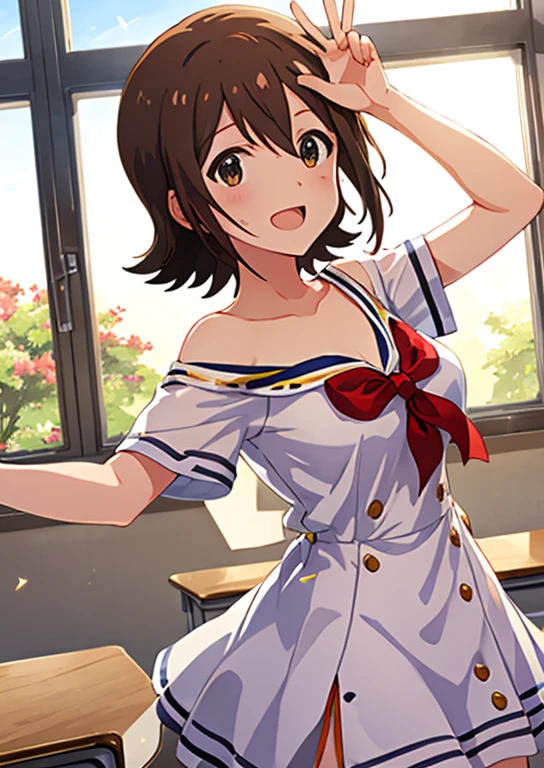 Mirai Kasuga, (highest quality, 8k, masterpiece, Very detailed:1.2), (Lens flare, Particles of light, Shine), Big Breasts, smile, Open your mouth, masterpiece, highest quality, Very detailed, High resolution, Very detailedなCG, (Official Art), Off the shoulder, Sailor suit,(Embarrassing:1.1), (blush:1.2), Open your mouth, (shout:1.1), (Moving lines:1.1),  blue sky, School classroom, Cowboy Shot