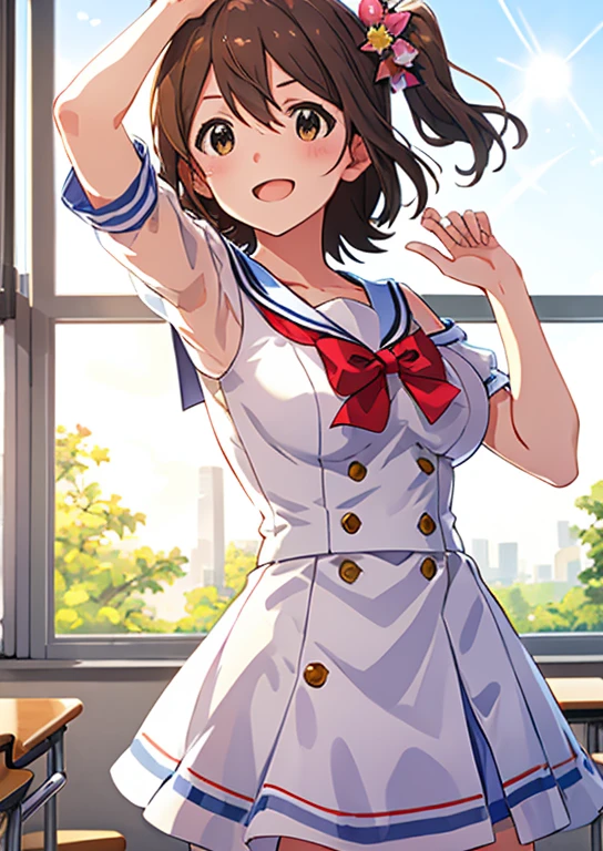 Mirai Kasuga, (highest quality, 8k, masterpiece, Very detailed:1.2), (Lens flare, Particles of light, Shine), Big Breasts, smile, Open your mouth, masterpiece, highest quality, Very detailed, High resolution, Very detailedなCG, (Official Art), Off the shoulder, Sailor suit,(Embarrassing:1.1), (blush:1.2), Open your mouth, (shout:1.1), (Moving lines:1.1),  blue sky, School classroom, Cowboy Shot