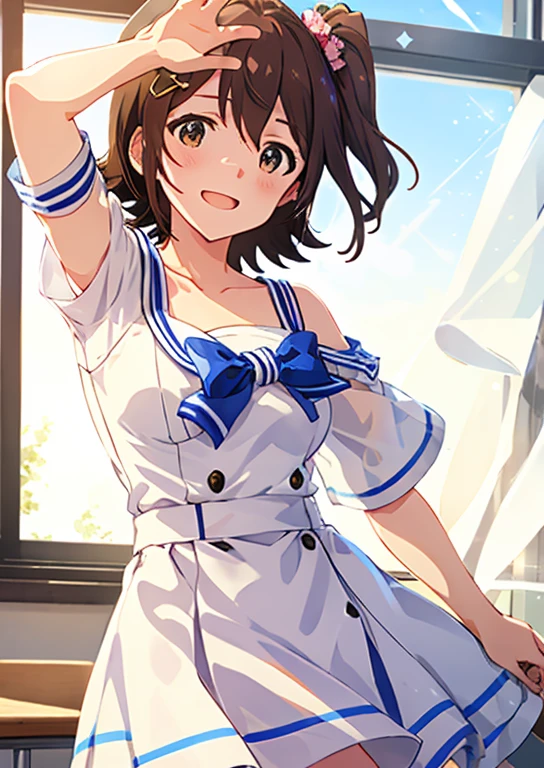 Mirai Kasuga, (highest quality, 8k, masterpiece, Very detailed:1.2), (Lens flare, Particles of light, Shine), Big Breasts, smile, Open your mouth, masterpiece, highest quality, Very detailed, High resolution, Very detailedなCG, (Official Art), Off the shoulder, Sailor suit,(Embarrassing:1.1), (blush:1.2), Open your mouth, (shout:1.1), (Moving lines:1.1),  blue sky, School classroom, Cowboy Shot