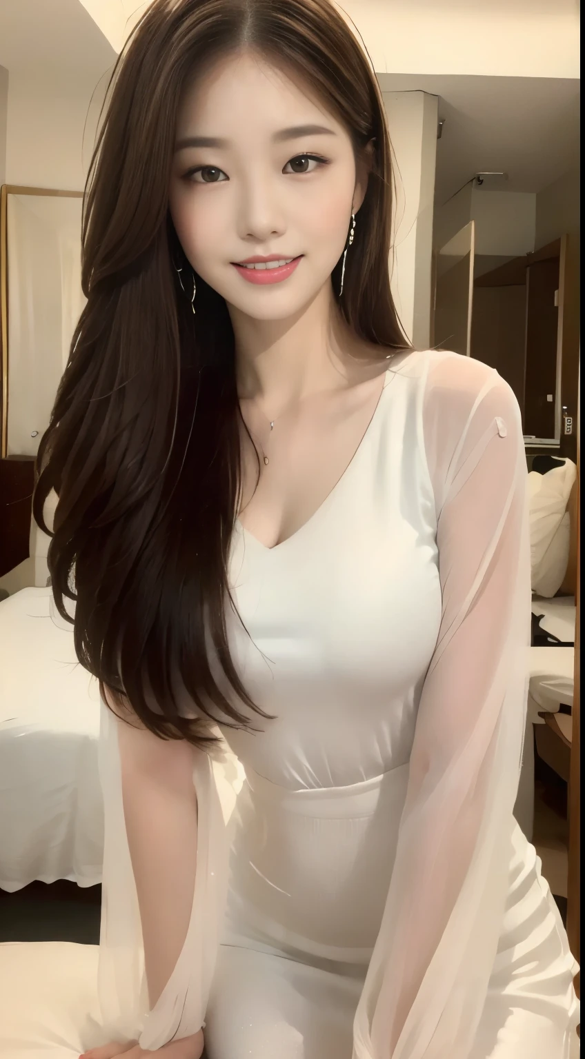 ((highest quality, 8k, masterpiece :1.3)), One girl, ,A very affectionate smile:1.3,blush:1.2, Red lipstick:1.2,Dark lipstick:1.2,Slim face, Beautiful woman, Big Breasts:1.3, Highly detailed face, double eyelid, night, night景, skyscraper, Hotel,bedroom,,Staring at the camera,White loose blouse,flare skirt,(masterpiece: 1.3), (Maximum resolution: 1.4), (Ultra high definition: 1.2), Cinematic Light, Ultra high definition, (Detailed eyes and skin), (Detailed faceの特徴), 8k resolution, Perfect Style, Beautiful expression、非常にDetailed faceと肌の質感、Detailed face,Thin cheeks,((Pure white skin:1.1)),Glossy Lips:1.2,((Full Body Shot:1.2)),(Straight Hairstyles、Light brown hair),,175cm,