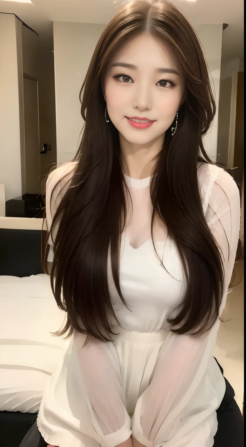 ((highest quality, 8k, masterpiece :1.3)), One girl, ,A very affectionate smile:1.3,blush:1.2, Red lipstick:1.2,Dark lipstick:1.2,Slim face, Beautiful woman, :1.3, Highly detailed face, double eyelid, night, night景, skyscraper, Hotel,bedroom,,Staring at the camera,White loose blouse,flare skirt,(masterpiece: 1.3), (Maximum resolution: 1.4), (Ultra high definition: 1.2), Cinematic Light, Ultra high definition, (Detailed eyes and skin), (Detailed faceの特徴), 8k resolution, Perfect Style, Beautiful expression、非常にDetailed faceと肌の質感、Detailed face,Thin cheeks,((Pure white skin:1.1)),Glossy Lips:1.2,((Full Body Shot:1.2)),(Straight Hairstyles、Light brown hair),,175cm,