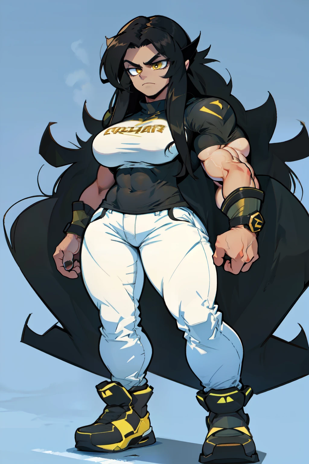 ((grey background)), solo, ((1 girl)), very long hair, black hair, angry, yellow eyes, (((muscular))), huge tits, thick thighs, wide hips, pale skin, standing, slick hair