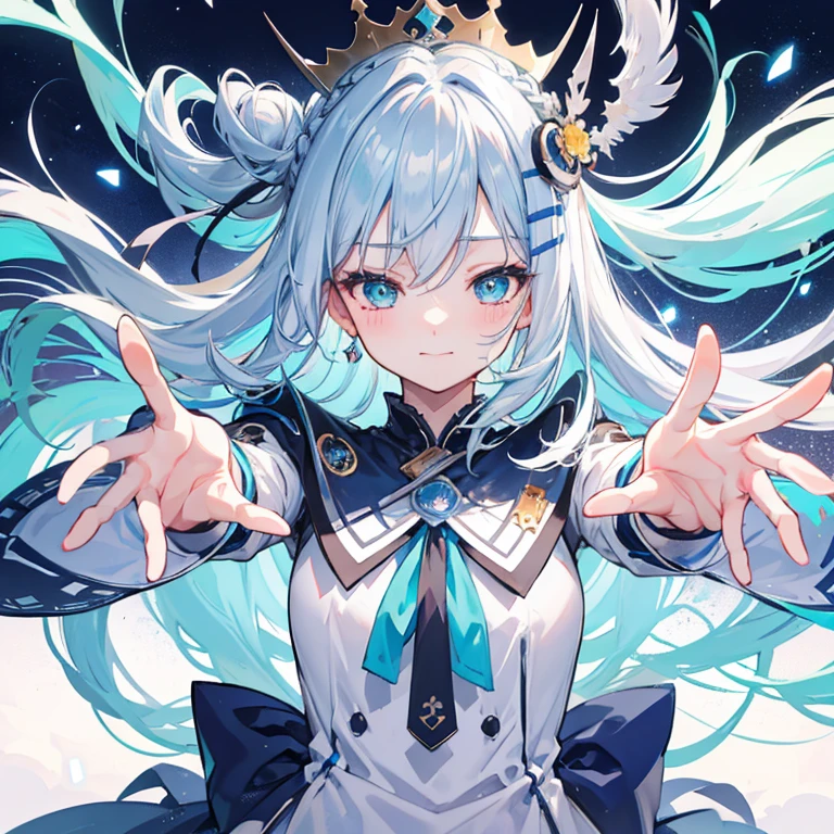 streaked hair, silver hair, light blue hair, hair between eyes, crossed bangs, hair over shoulder, long hair, crown braid, expressive hair, hair ribbon, hair ornament, raised eyebrows, closed eyes, aqua eyes, fingersmile, joyful, expressions, smiley, wide smile, happy, light blush, cheek-to-cheek, cheek poking, anime, anime style, negative space, cowboy shot, perspective, bokeh, masterpiece, anatomically correct, super detail, award winning, best quality, highres