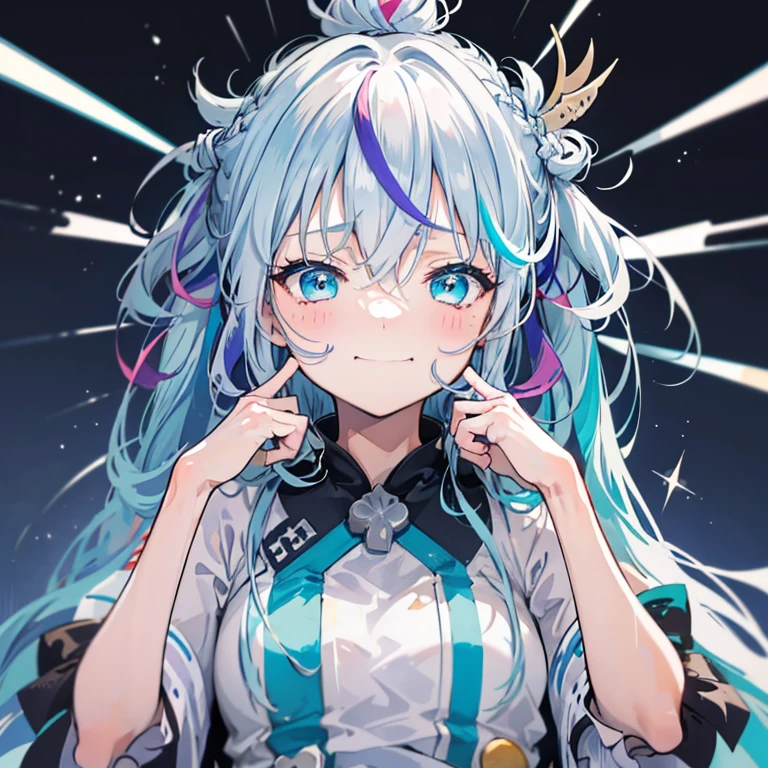 streaked hair, silver hair, light blue hair, hair between eyes, crossed bangs, hair over shoulder, long hair, crown braid, expressive hair, hair ribbon, hair ornament, raised eyebrows, closed eyes, aqua eyes, fingersmile, joyful, expressions, smiley, happy, light blush, cheek-to-cheek, cheek poking, anime, anime style, negative space, cowboy shot, perspective, bokeh, masterpiece, anatomically correct, super detail, award winning, best quality, highres