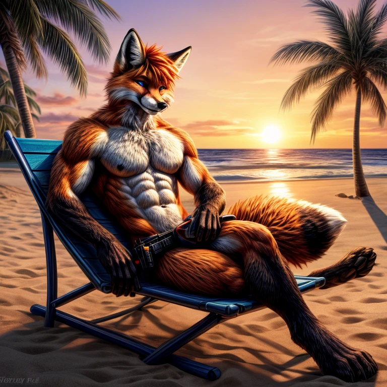 Masterpieces, furry, male, Anthropomorphic, (((red fox))), blue eyes, black mark, veiny, thin body, age 20, Delicate eyes, furred body, war veteran, on a sunset resort beach with sea and Palm tree, perfect lighting, light particles,(best quality),(masterpiece),(ultra detailed), sharp focus, light particles, detailed barren background, blue bath short, pistol holster, shirtless, fierce look, soldier look, full body, eight pack abs, ((digitigrade)), large pectoral, giant pec, giant bicep, (long orange hair), (detailed muscle:1), laying on a beach chair, (holding a bottle of cola)