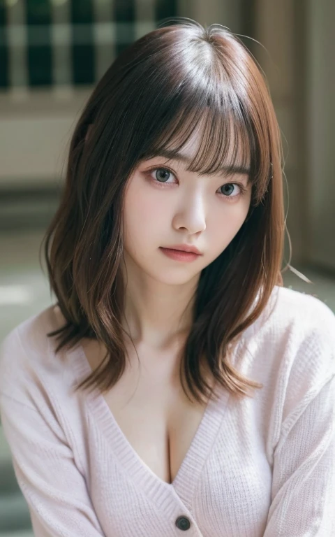 masterpiece, highest quality, 8k, 20th Generation, Large Breasts, cute, alone, sad, cute, Girlish, Delicate girl, Pure beauty,  RAW Photos, Professional photography, Portraiture, Soft Light, Professional Lighting, Backlight, Upper Body, avert your eyes, Sophisticated, Film Grain, (Eyes and facial details:1.0), Short floating hair, Beautiful, flowing hair, bangs, Cashmere sweater on the skin、(Large Breasts:1.0)、You can see a little cleavage、Dolly Makeup、Odd Eye、The colour of the left and right eyes are different