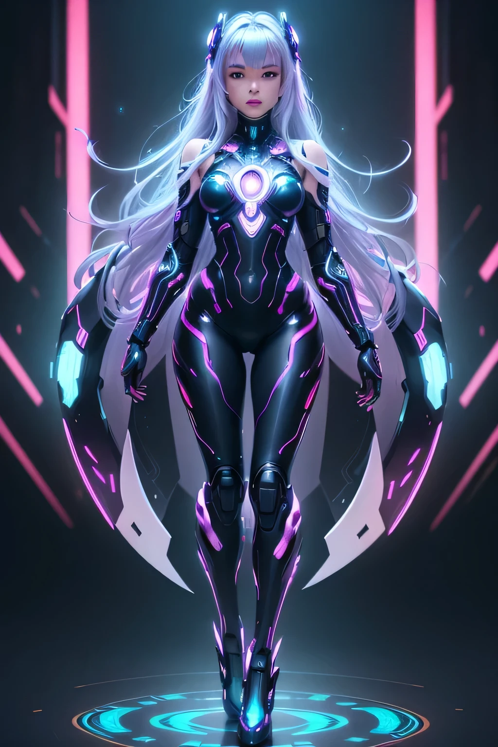 (best quality,8k Ultra-HD,full body:1.2),intricately designed cybernetic suit,(mesmerizing,futuristic:1.1) beauty beyond time and space,vividly moving with fluidity and precision,long flowing hair resembling neon lights,(cyberpunk sparkle,colorful holographic patterns:1.1),meticulously crafted by Yukisakura.