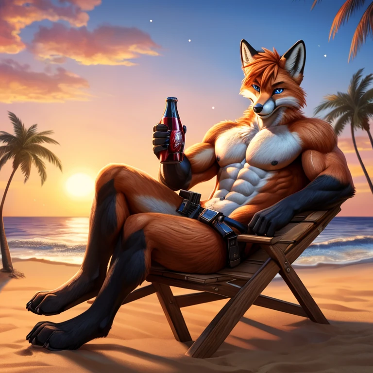 Masterpieces, furry, male, Anthropomorphic, (((red fox))), blue eyes, black mark, veiny, thin body, age 20, Delicate eyes, furred body, war veteran, on a sunset resort beach with sea and Palm tree, perfect lighting, light particles,(best quality),(masterpiece),(ultra detailed), sharp focus, light particles, detailed barren background, blue bath short, pistol holster, shirtless, fierce look, soldier look, full body, eight pack abs, ((digitigrade)), large pectoral, giant pec, giant bicep, (long orange hair), (detailed muscle:1), laying on a beach chair, (holding a bottle of cola)