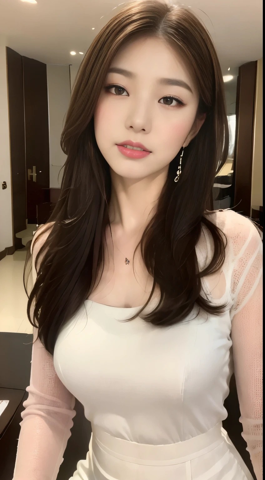 ((highest quality, 8k, masterpiece :1.3)), One girl, ,close your eyes:1.3,blush:1.2, Red lipstick:1.2,Dark lipstick:1.2,Slim face, Beautiful woman, Big Breasts:1.3, Highly detailed face, double eyelid, night, night景, skyscraper, Hotel,bedroom,,Staring at the camera,White loose blouse,flare skirt,(masterpiece: 1.3), (Maximum resolution: 1.4), (Ultra high definition: 1.2), Cinematic Light, Ultra high definition, (Detailed eyes and skin), (Detailed faceの特徴), 8k resolution, Perfect Style, Beautiful expression、非常にDetailed faceと肌の質感、Detailed face,Thin cheeks,((Pure white skin:1.1)),Glossy Lips:1.2,((Full Body Shot:1.2)),(Straight Hairstyles、Light brown hair),One Length,175cm,