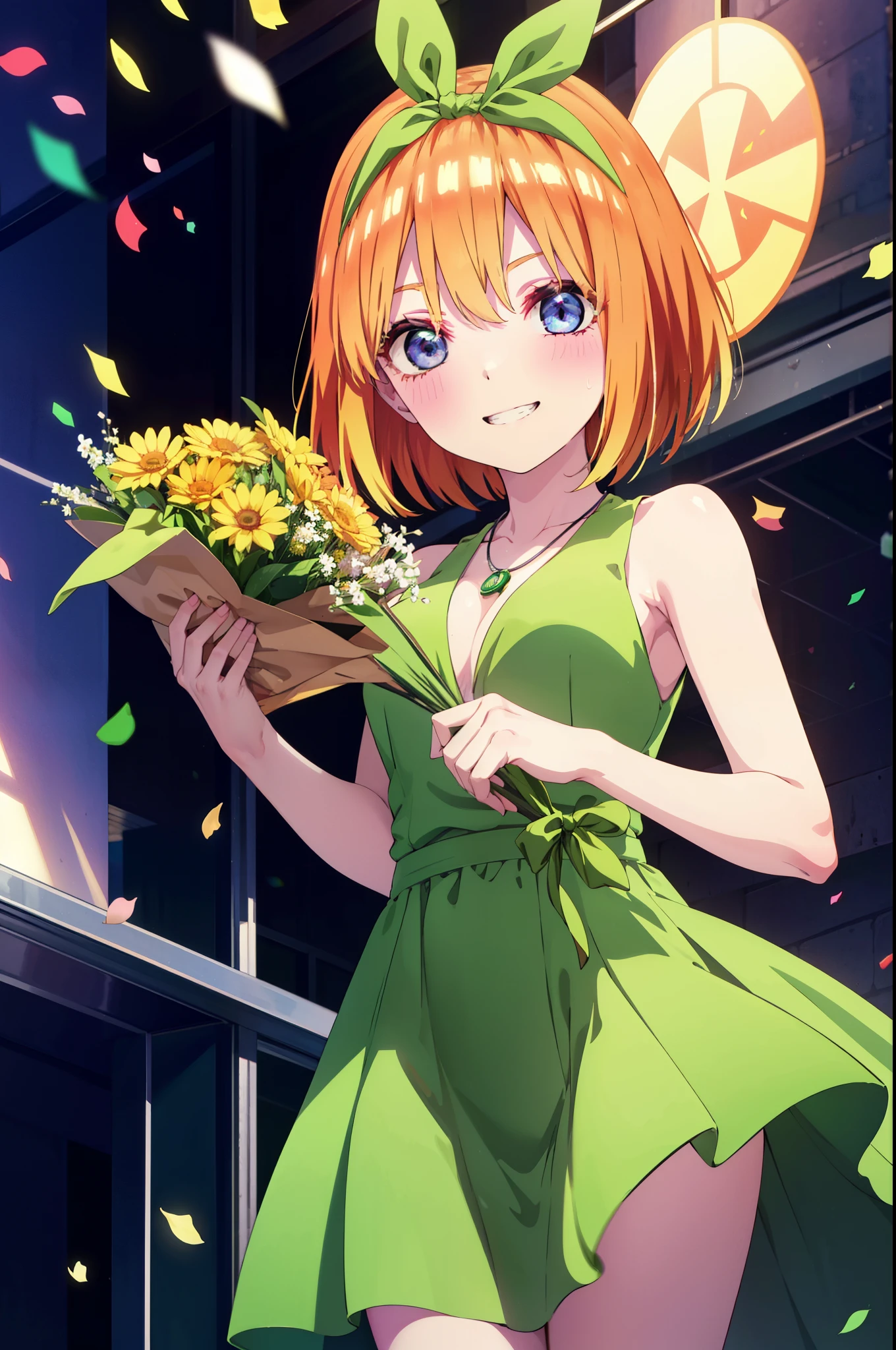 yotsubanakano, Yotsuba Nakano, bangs, short hair, blue eyes, Hair between the eyes, hair ribbon, hair band, Orange Hair, (Green ribbon:1.5), smile, Grin,smile,blush,Green sleeveless dress,Long skirt,Green stiletto heels,Sleeveless,naked,nakedの腕,nakedの首,nakedの鎖骨,holding a large bouquet of flowers with both hands,Locket Necklace,Confetti,There is a birthday cake on the table,
break indoors, on stage,venue,
break looking at viewer, (Cowboy Shot:1.5),
break (masterpiece:1.2), highest quality, High resolution, unity 8k wallpaper, (shape:0.8), (Beautiful details:1.6), Highly detailed face, Perfect lighting, Extremely detailed CG, (Perfect hands, Perfect Anatomy),