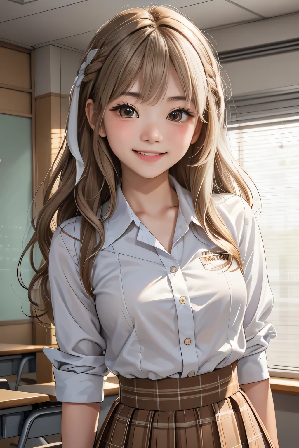 Realistic, masterpiece, highest quality, Highest Resolution, one Japanese high school girl, , Upper body photo, She narrows her eyes and looks at me with a shy smile and a smile, Laughing with mouth open, Beautiful and detailed eye drawing, (droopy eyes:1.3), Dark Eyes, Thin eyebrows, Carefully draw eyelashes, A little tooth is visible, Gal Makeup,  (White brown wavy hair with white mesh, long hair, middle part:1.3), (hidden creased eyelids:1.3), He is wearing a neat white button-up shirt., She is wearing a short pleated skirt with a gray plaid pattern, A was photographed from below at an angle, School classroom,