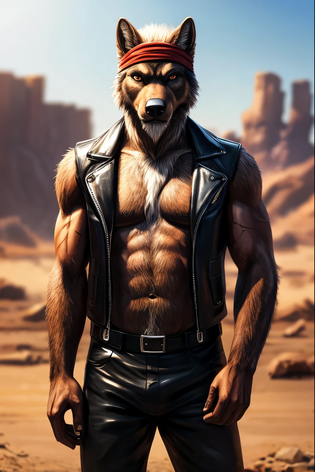 Masterpieces, furry, male, Anthropomorphic, full body, old age, rugged, twink, black wolf, feminine body type, Delicate eyes, white goatee, grizzled fur, white chest hair, glistening body, biker, brown skin, depth of field, warm lighting, bright lighting, (best quality),(masterpiece),(ultra detailed), sharp focus, wasteland background, very large and succulent black nipples, fierce look, evil grins, scars, glossy, oiled up skin, black trousers, shirtless, black leather vest, red headband