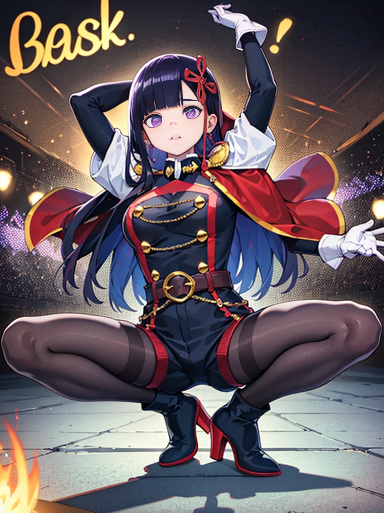 highest quality,masterpiece,from_Downに,looking for_in_Audience,looking for_Down,masterpiece,Highly detailed CG Unity 8K,movie lighting,
yamashiro768, Purple eyes, 1 girl, pantyhose, 一人in, Black Hair, Purple eyes, gloves, Cape, Long Hair, white gloves, chest, black pantyhose, belt, red Cape, boots, Blue shoes, whole body, large chest, hair ornaments, looking for in Audience, お誕生日おめinとう, bangs, Long sleeve, Purple high heels, (Squat)，(Spread your legs)，(Place your hands behind your head)，
 