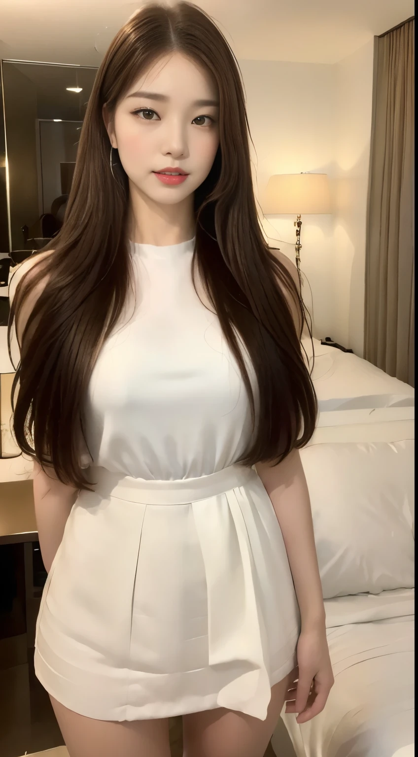 ((highest quality, 8k, masterpiece :1.3)), One girl, ,close your eyes:1.3,blush:1.2, Red lipstick:1.2,Dark lipstick:1.2,Slim face, Beautiful woman, Big Breasts:1.3, Highly detailed face, double eyelid, night, night景, skyscraper, Hotel,bedroom,,Staring at the camera,White loose blouse,flare skirt,(masterpiece: 1.3), (Maximum resolution: 1.4), (Ultra high definition: 1.2), Cinematic Light, Ultra high definition, (Detailed eyes and skin), (Detailed faceの特徴), 8k resolution, Perfect Style, Beautiful expression、非常にDetailed faceと肌の質感、Detailed face,Thin cheeks,((Pure white skin:1.1)),Glossy Lips:1.2,((Full Body Shot:1.2)),(Straight Hairstyles、Light brown hair),One Length,175cm,