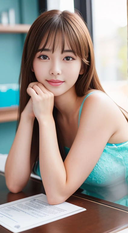 Natural light, girl smiling on bed in guesthouse (best quality, masterpiece: 1.2)