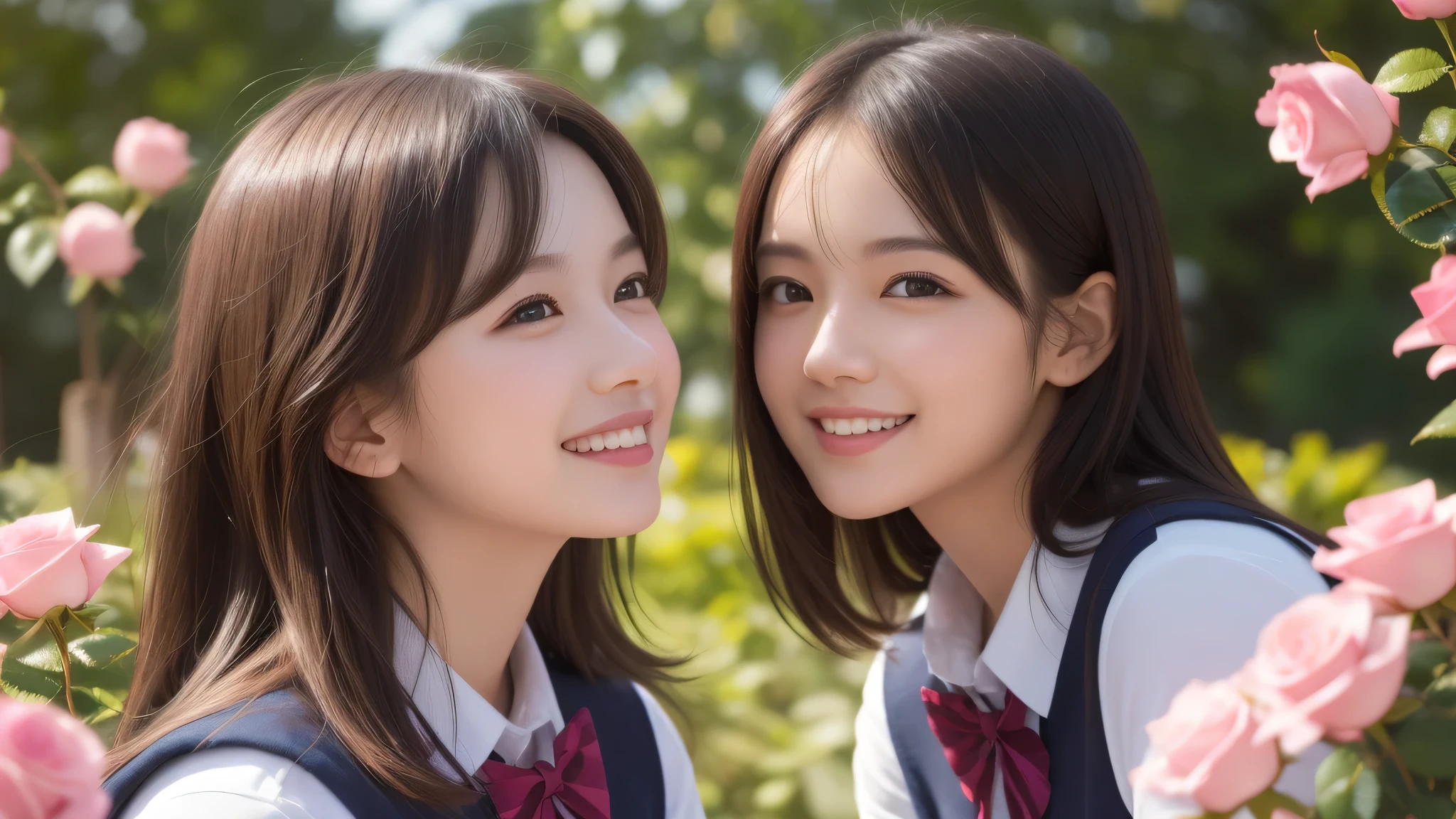 (2girl), bob hair, refreshing smiles, (high school uniform), (Best Quality:1.4), Realistic, extremely detailed CG unified 8k wallpaper, highly detailed, High-definition raw color photos, professional photography, Realistic portrait, Beautiful detailed, (Fine face:1.2), Close up portrait of girl, Outdoors, Beautiful scenery, clear skies, (pink Rose flowers, rose garden, lots of pink roses:1.2)