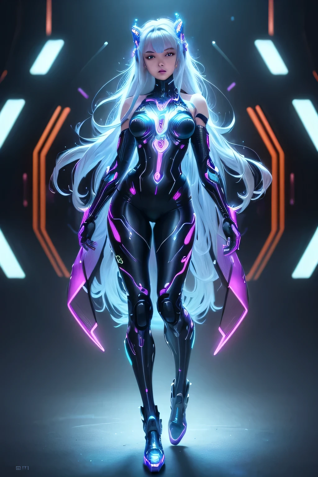 (best quality,8k Ultra-HD,full body:1.2),intricately designed cybernetic suit,(mesmerizing,futuristic:1.1) beauty beyond time and space,vividly moving with fluidity and precision,long flowing hair resembling neon lights,(cyberpunk sparkle,colorful holographic patterns:1.1),meticulously crafted by Yukisakura.