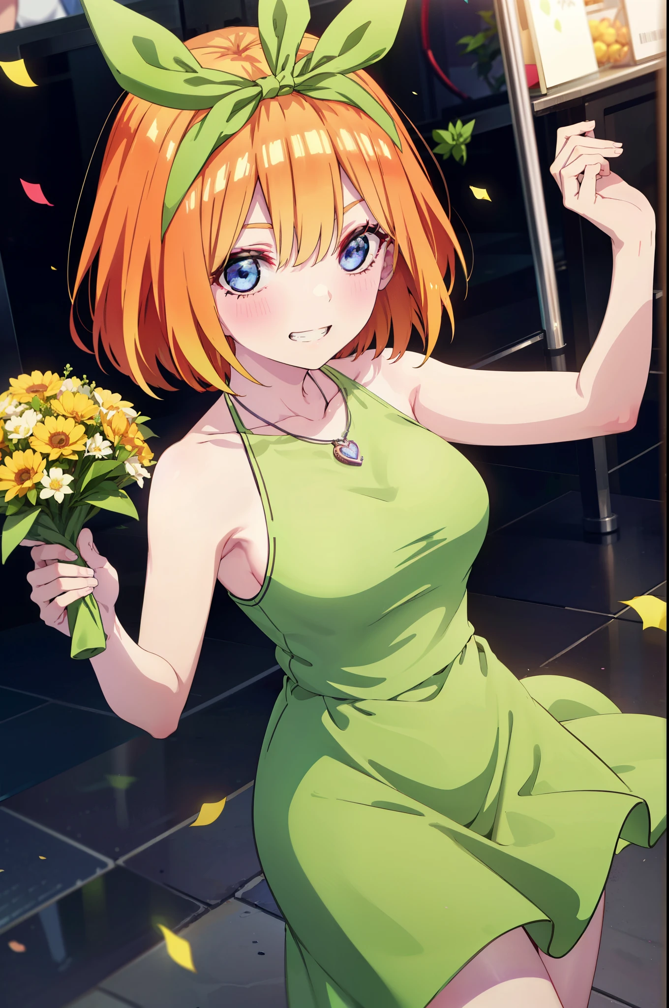 yotsubanakano, Yotsuba Nakano, bangs, short hair, blue eyes, Hair between the eyes, hair ribbon, hair band, Orange Hair, (Green ribbon:1.5), smile, Grin,smile,blush,Green sleeveless dress,Long skirt,Green stiletto heels,Sleeveless,naked,nakedの腕,nakedの首,nakedの鎖骨,holding a large bouquet of flowers with both hands,Locket Necklace,Confetti,There is a birthday cake on the table,
break indoors, on stage,venue,
break looking at viewer, (Cowboy Shot:1.5),
break (masterpiece:1.2), highest quality, High resolution, unity 8k wallpaper, (shape:0.8), (Beautiful details:1.6), Highly detailed face, Perfect lighting, Extremely detailed CG, (Perfect hands, Perfect Anatomy),