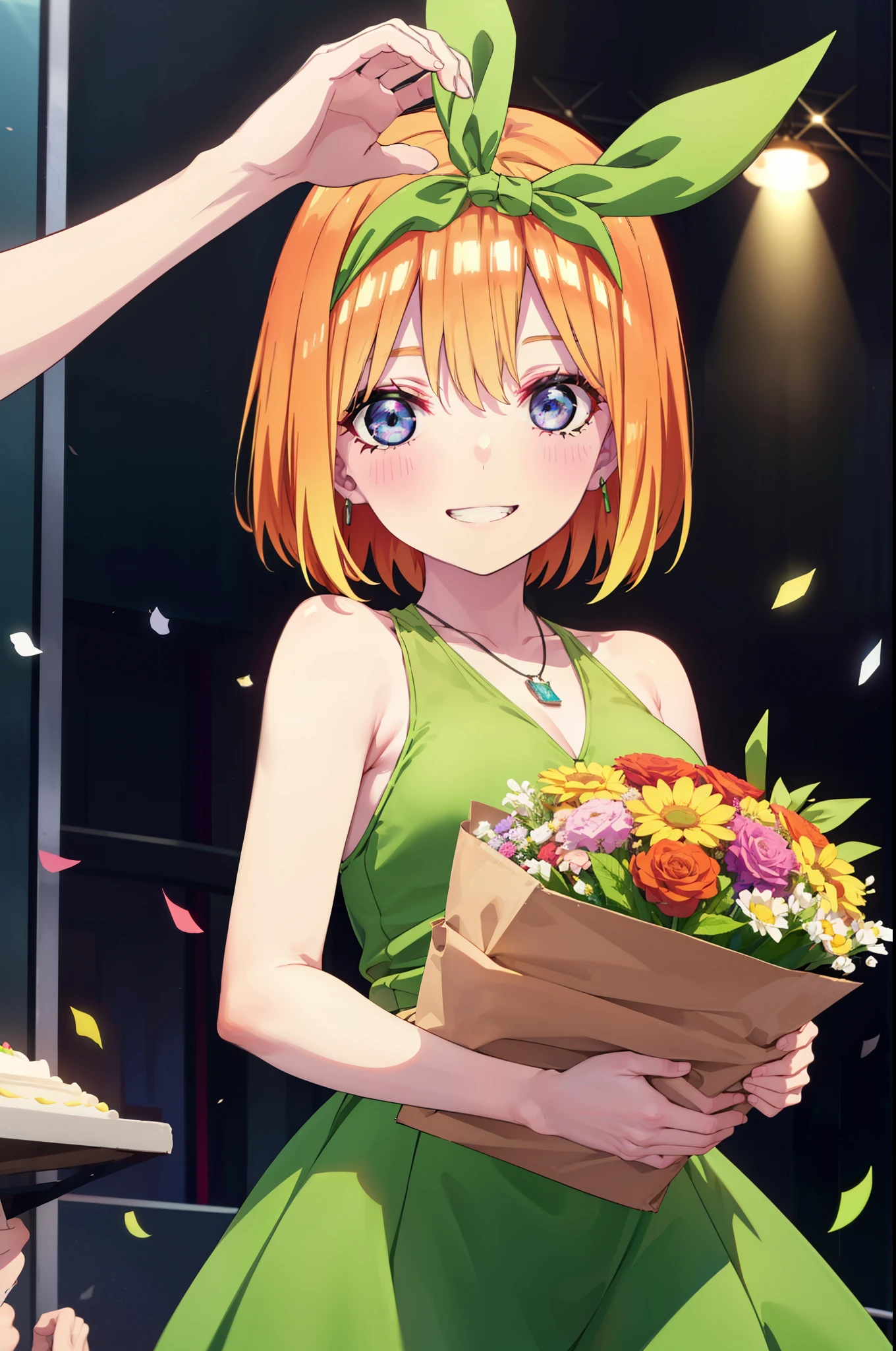 yotsubanakano, Yotsuba Nakano, bangs, short hair, blue eyes, Hair between the eyes, hair ribbon, hair band, Orange Hair, (Green ribbon:1.5), smile, Grin,smile,blush,Green sleeveless dress,Long skirt,Green stiletto heels,Sleeveless,naked,nakedの腕,nakedの首,nakedの鎖骨,holding a large bouquet of flowers with both hands,Locket Necklace,Confetti,There is a birthday cake on the table,
break indoors, on stage,venue,
break looking at viewer, (Cowboy Shot:1.5),
break (masterpiece:1.2), highest quality, High resolution, unity 8k wallpaper, (shape:0.8), (Beautiful details:1.6), Highly detailed face, Perfect lighting, Extremely detailed CG, (Perfect hands, Perfect Anatomy),