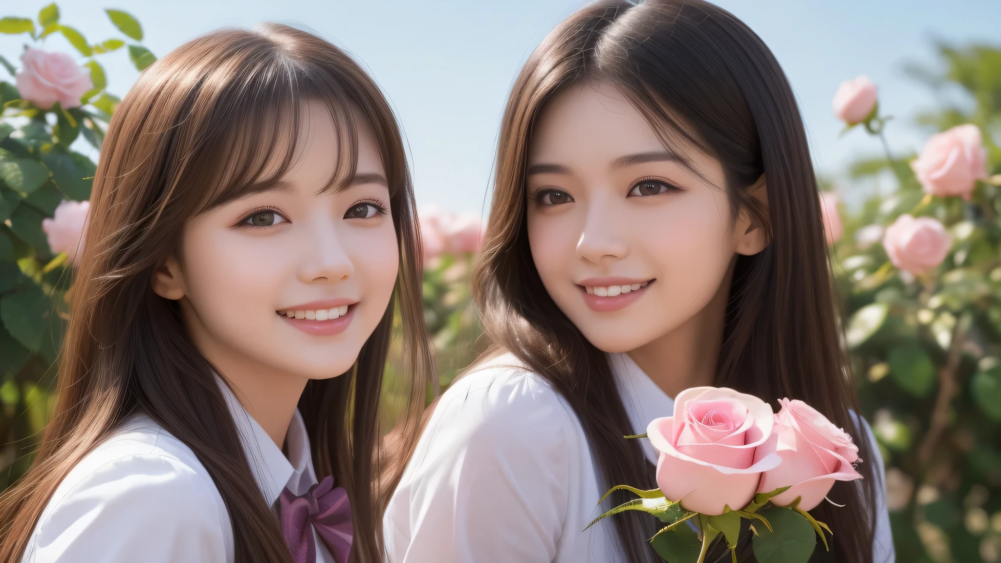 (2girl), bob hair, refreshing smiles, (high school uniform), (Best Quality:1.4), Realistic, extremely detailed CG unified 8k wallpaper, highly detailed, High-definition raw color photos, professional photography, Realistic portrait, Beautiful detailed, (Fine face:1.2), Close up portrait of girl, Outdoors, Beautiful scenery, clear skies, (pink Rose flowers, rose garden, lots of pink roses:1.2)
