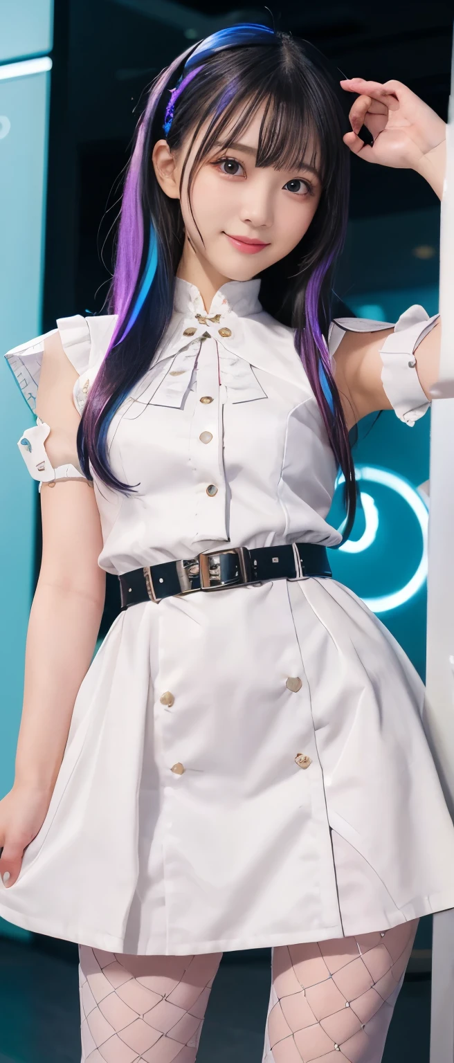 Cute Cyber Girl、whole body、Good style、、、、、、、、White Cyber Mini Chinese Dress、Cool Belt、、、Fishnet tights、Colorful Hair