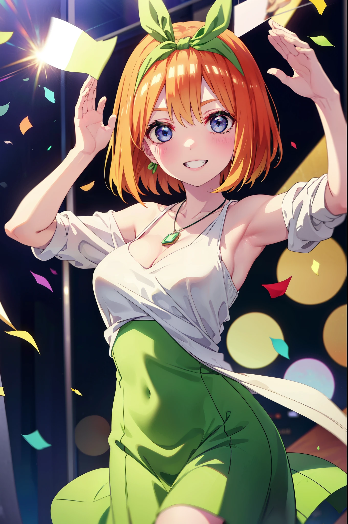 yotsubanakano, Yotsuba Nakano, bangs, short hair, blue eyes, Hair between the eyes, hair ribbon, hair band, Orange Hair, (Green ribbon:1.5), smile, Grin,smile,blush,Green sleeveless dress,Long skirt,Green stiletto heels,Sleeveless,naked,nakedの腕,nakedの首,nakedの鎖骨,holding a large bouquet of flowers with both hands,Locket Necklace,Confetti,There is a birthday cake on the table,
break indoors, on stage,venue,
break looking at viewer, (Cowboy Shot:1.5),
break (masterpiece:1.2), highest quality, High resolution, unity 8k wallpaper, (shape:0.8), (Beautiful details:1.6), Highly detailed face, Perfect lighting, Extremely detailed CG, (Perfect hands, Perfect Anatomy),