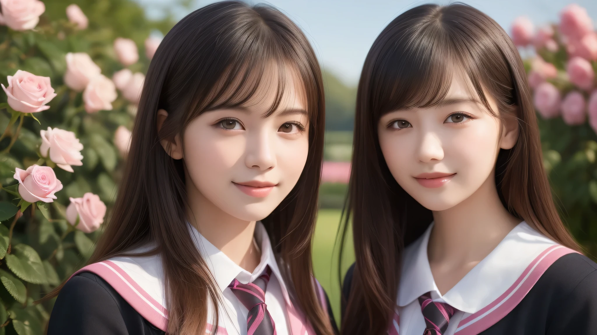 (2girl), bob hair, refreshing smiles, (high school uniform), (Best Quality:1.4), Realistic, extremely detailed CG unified 8k wallpaper, highly detailed, High-definition raw color photos, professional photography, Realistic portrait, Beautiful detailed, (Fine face:1.2), Close up portrait of girl, Outdoors, Beautiful scenery, clear skies, (pink Rose flowers, rose garden, lots of pink roses:1.2)