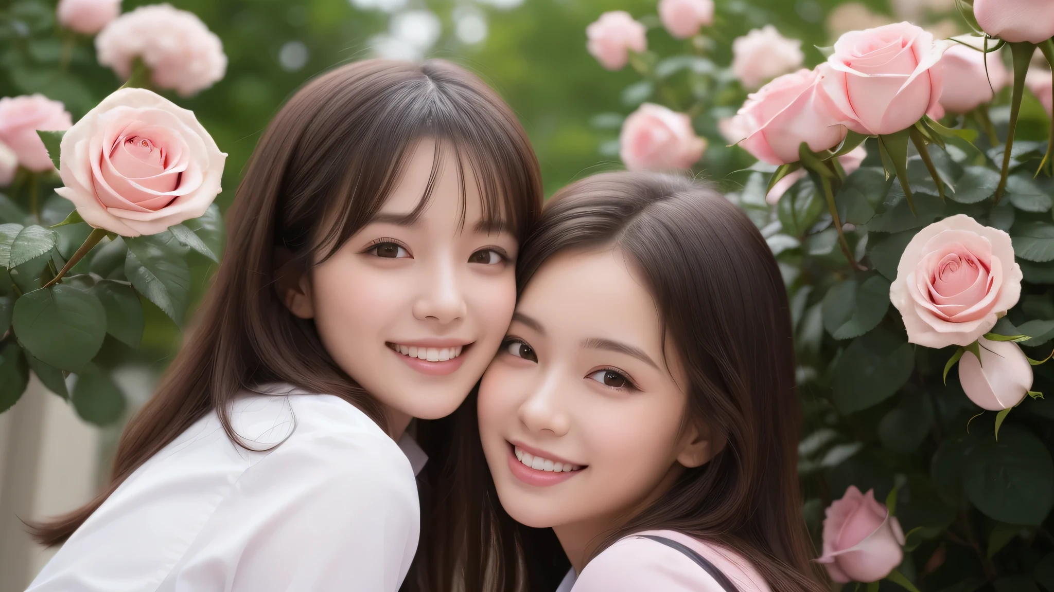 (2girl), bob hair, refreshing smiles, (high school uniform), (Best Quality:1.4), Realistic, extremely detailed CG unified 8k wallpaper, highly detailed, High-definition raw color photos, professional photography, Realistic portrait, Beautiful detailed, (Fine face:1.2), Close up portrait of girl, Outdoors, Beautiful scenery, clear skies, (pink Rose flowers, rose garden, lots of pink roses:1.2)