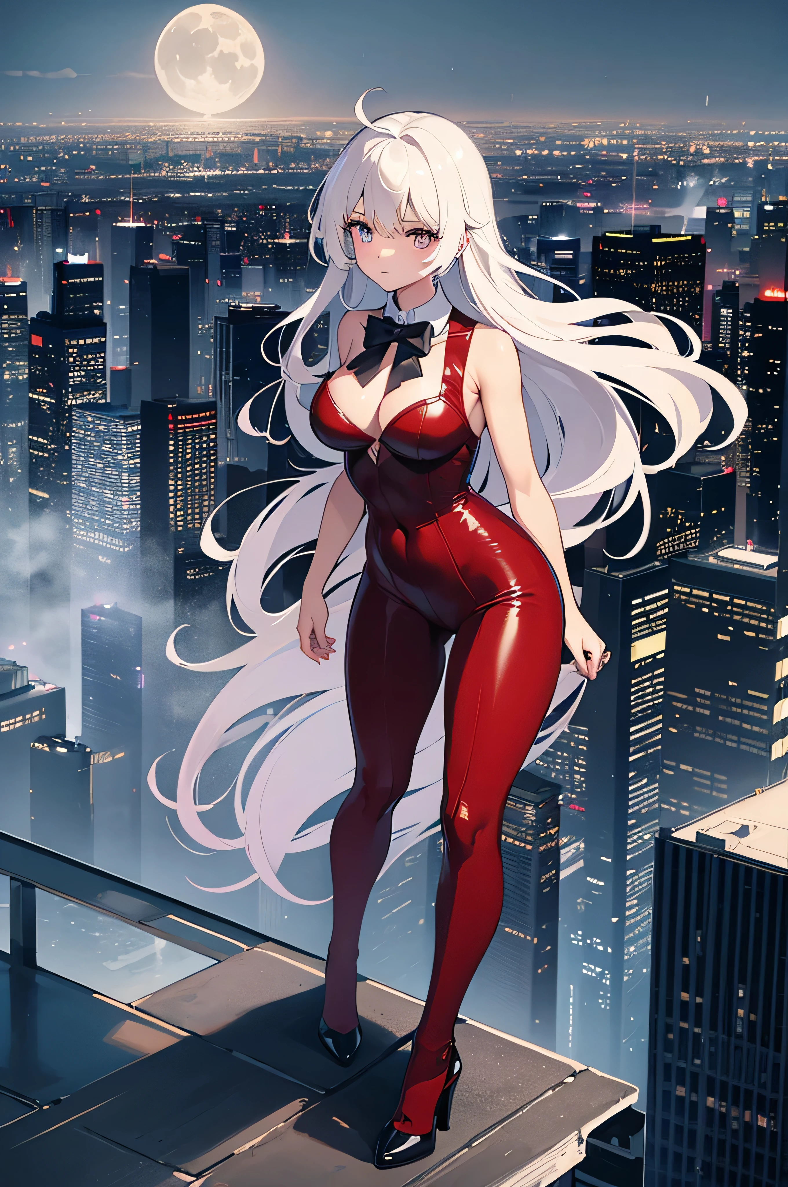big city, tall city skyline, smog, rain, fog low to the ground, girl on top of a building, a bright moon hanging over her, girl looks heroic while standing on the edge, girl in a tight red bodysuit, with black high heals on, with a black bowtie,