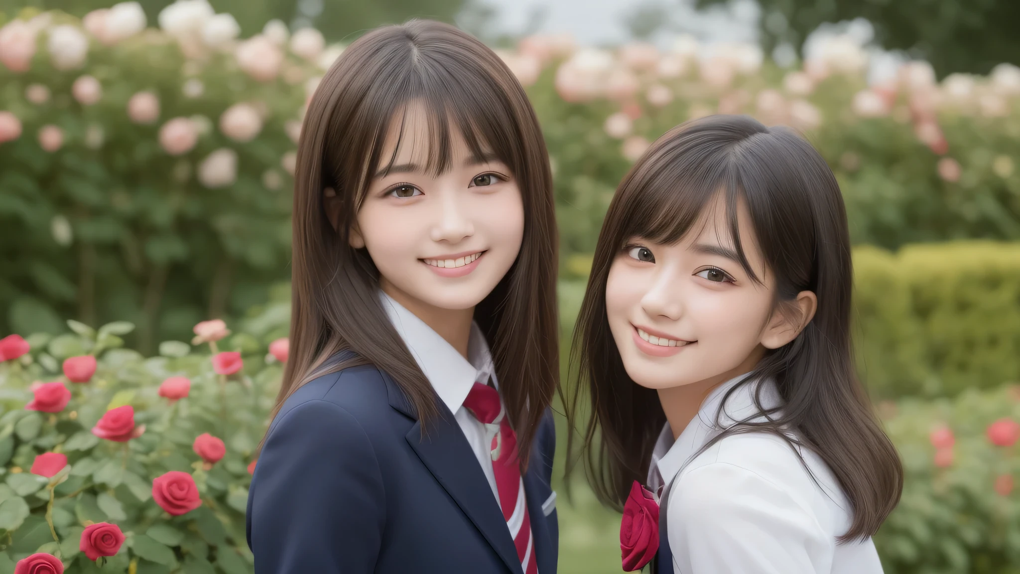 (2girl), brown eyes, bob hair, air bangs, (cute smile:1.2), A very neat face, a sense of cleanliness, (highly detailed eyes, highly detailed face), (hyper-realistic, hight resolution), (best Quality:1.4), (high school uniform:1.2), model, Enchanting, Outdoors, Beautiful scenery, clear skies, (Rose flowers, rose garden, lots of roses:1.2), (Fine face:1.2),