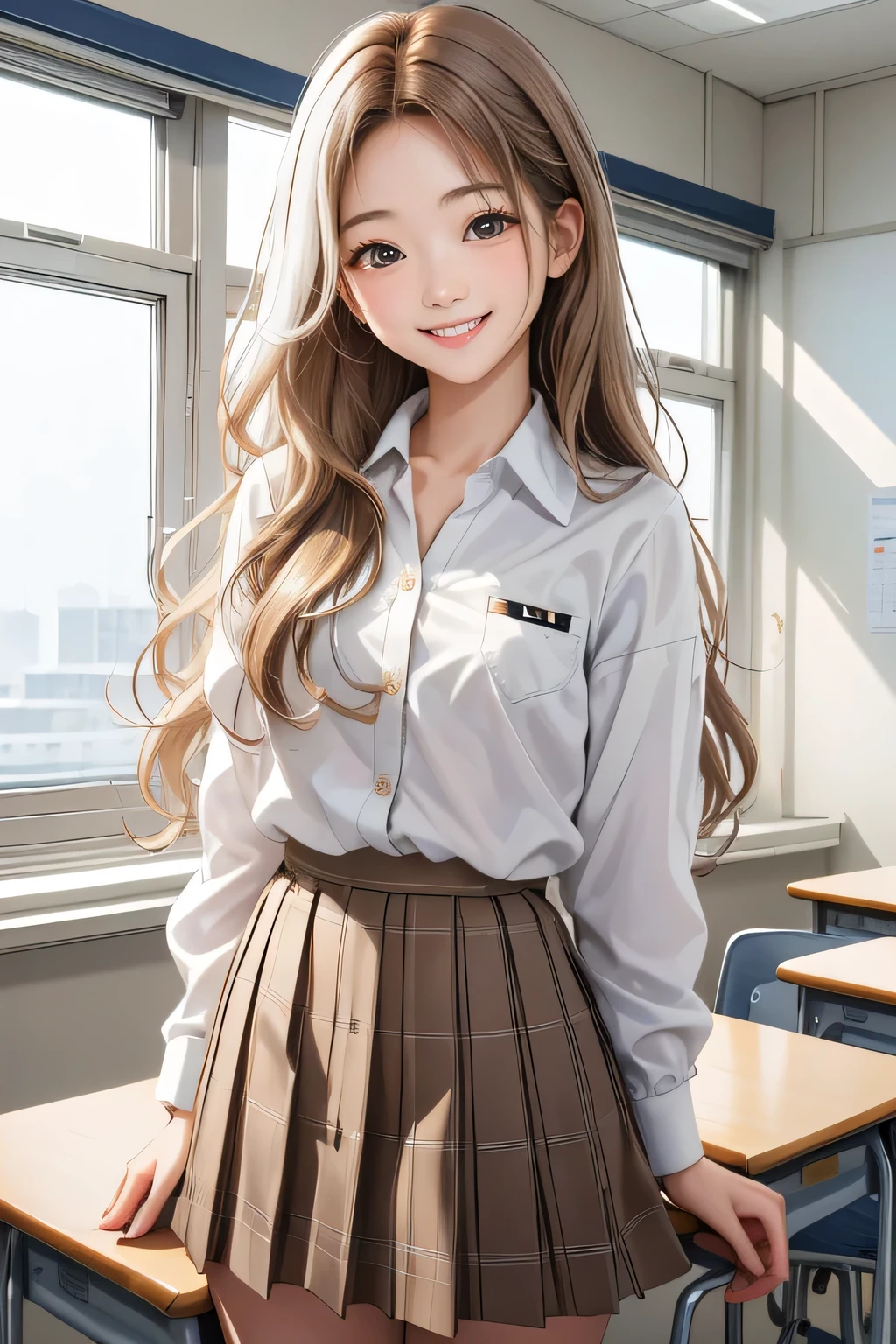 Realistic, masterpiece, highest quality, Highest Resolution, one Japanese high school girl, , Upper body photo, She narrows her eyes and looks at me with a shy smile and a smile, Laughing with mouth open, Beautiful and detailed eye drawing, (droopy eyes:1.3), Dark Eyes, Thin eyebrows, Carefully draw eyelashes, A little tooth is visible, Gal Makeup, (White brown wavy hair with white mesh, long hair, middle part:1.3), (hidden creased eyelids:1.3), He is wearing a neat white button-up shirt., She is wearing a short pleated skirt with a gray plaid pattern, A was photographed from below at an angle, School classroom,