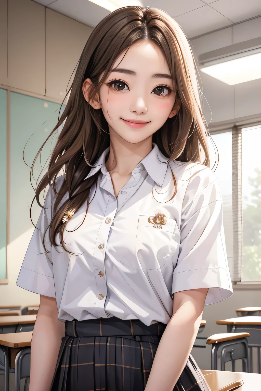 Realistic, masterpiece, highest quality, Highest Resolution, one Japanese high school girl, , Upper body photo, She narrows her eyes and looks at me with a shy smile and a smile, Laughing with mouth open, Beautiful and detailed eye drawing, (droopy eyes:1.3), Dark Eyes, Thin eyebrows, Carefully draw eyelashes, A little tooth is visible, Gal Makeup,  (White brown wavy hair with white mesh, long hair, middle part:1.3), (hidden creased eyelids:1.3), He is wearing a neat white button-up shirt., She is wearing a short pleated skirt with a gray plaid pattern, A was photographed from below at an angle, School classroom,