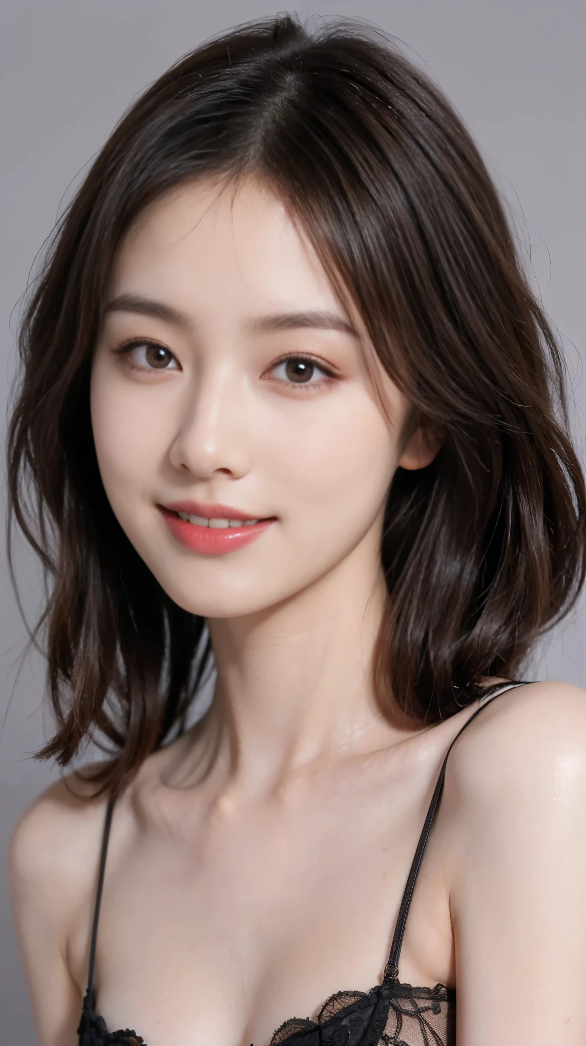 highest quality,masterpiece,Ultra-high resolution,Original photo,Ultra-high resolution,Three beautiful women,Flashy makeup using red eyeshadow,Big smile,Short cut with subtle side waves,Bra worn,Gray background,