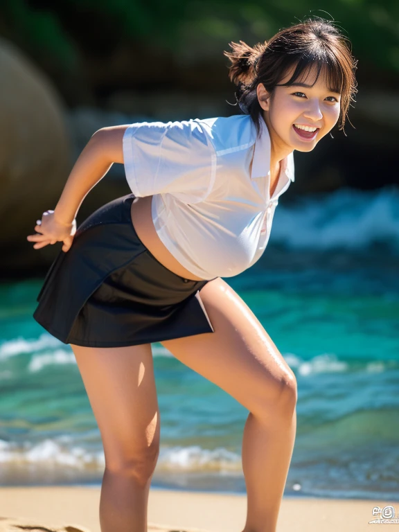 (Official Art、highest quality、Unity 8K Wallpaper、32k、masterpiece、Ultra-detailed、超A high resolution、Realistic、Photorealistic:1.2)、(Natural soft light:1.2)、Fire Glow Effect、Film Grain、Best Shadow、Rim lighting、Side light、Side Shot、(Highly detailed and complex 3D rendering)、詳細なBeautiful Faceと目、Sharp pupils、Realistic生徒、Full Body, Sandy Beach、Beautiful Face、Blurred Background、18 year old beautiful girl、Glowing Skin、Beautiful wet black hair、I pulled up my wet shirt、Wet Check Mini Skirt、(Thighs Thighs Thighs:0.9)、barefoot、curve、Dynamic pose、Open mouth smile、Two Girls、、((Big body、fat))、smile