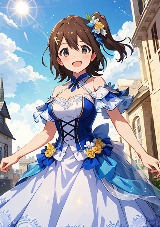 Mirai Kasuga, (highest quality, 8k, masterpiece, Very detailed:1.2), (Lens flare, Particles of light, Shine), Big Breasts, smile, Open your mouth, masterpiece, highest quality, Very detailed, High resolution, Very detailedなCG, (Official Art), Off the shoulder, Wedding dress, (Embarrassing:1.1), (blush:1.2), Open your mouth, (shout:1.1), (Moving lines:1.1),  blue sky, church, Cowboy Shot