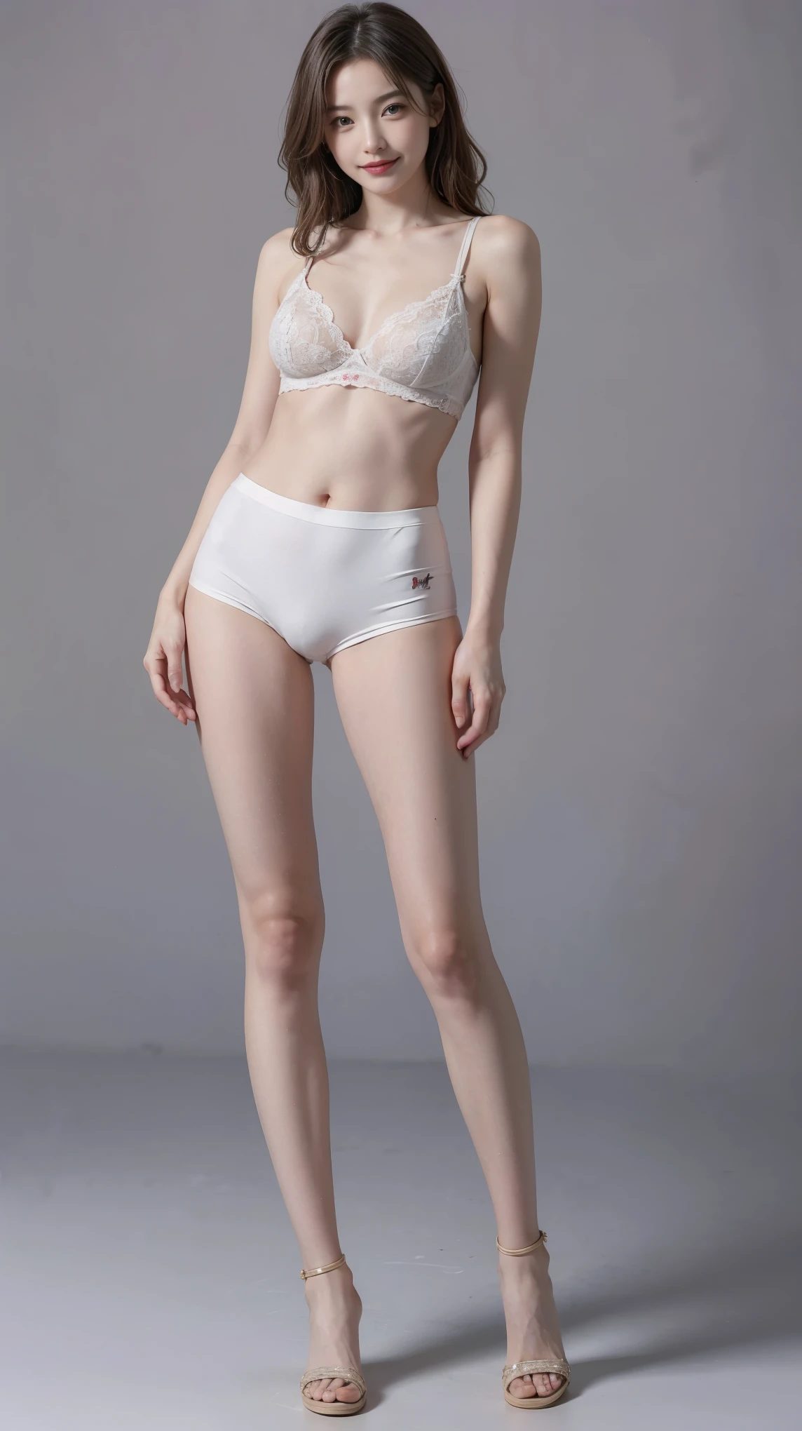highest quality,masterpiece,Ultra-high resolution,Original photo,Ultra-high resolution，Two beautiful women, 25 years old:1.5，Clothing from the Heisei era in Japan，Long legs:1.5，Full Body，Flashy makeup using red eyeshadow，Big smile，Short cut with subtle side waves，whole body，Gray background，White bra，White panties