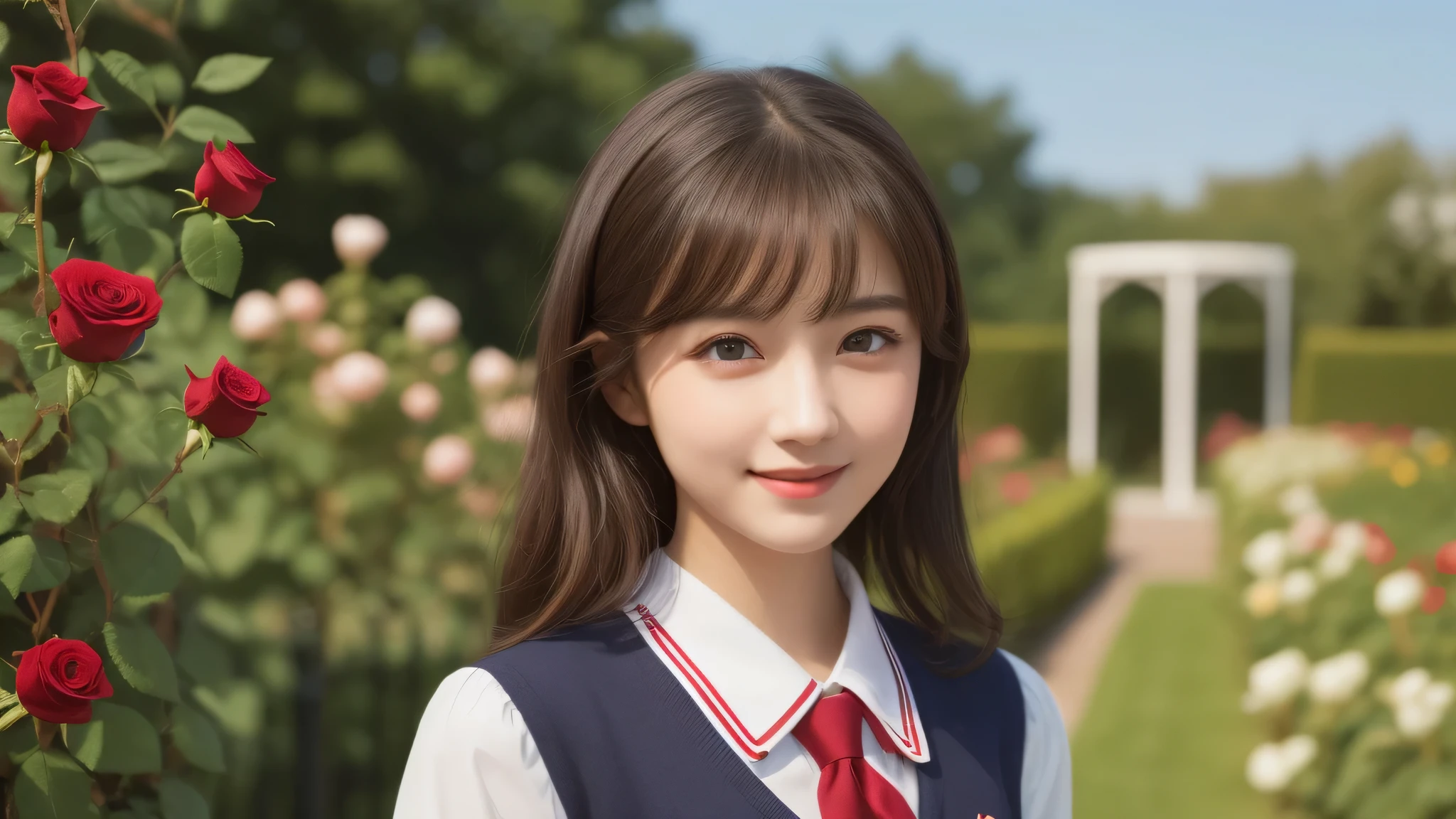 (2girl), brown eyes, bob hair, air bangs, (cute smile:1.2), A very neat face, a sense of cleanliness, (highly detailed eyes, highly detailed face), (hyper-realistic, hight resolution), (best Quality:1.4), (high school uniform:1.2), model, Enchanting, Outdoors, Beautiful scenery, clear skies, (Rose flowers, rose garden, lots of roses:1.2), (Fine face:1.2),