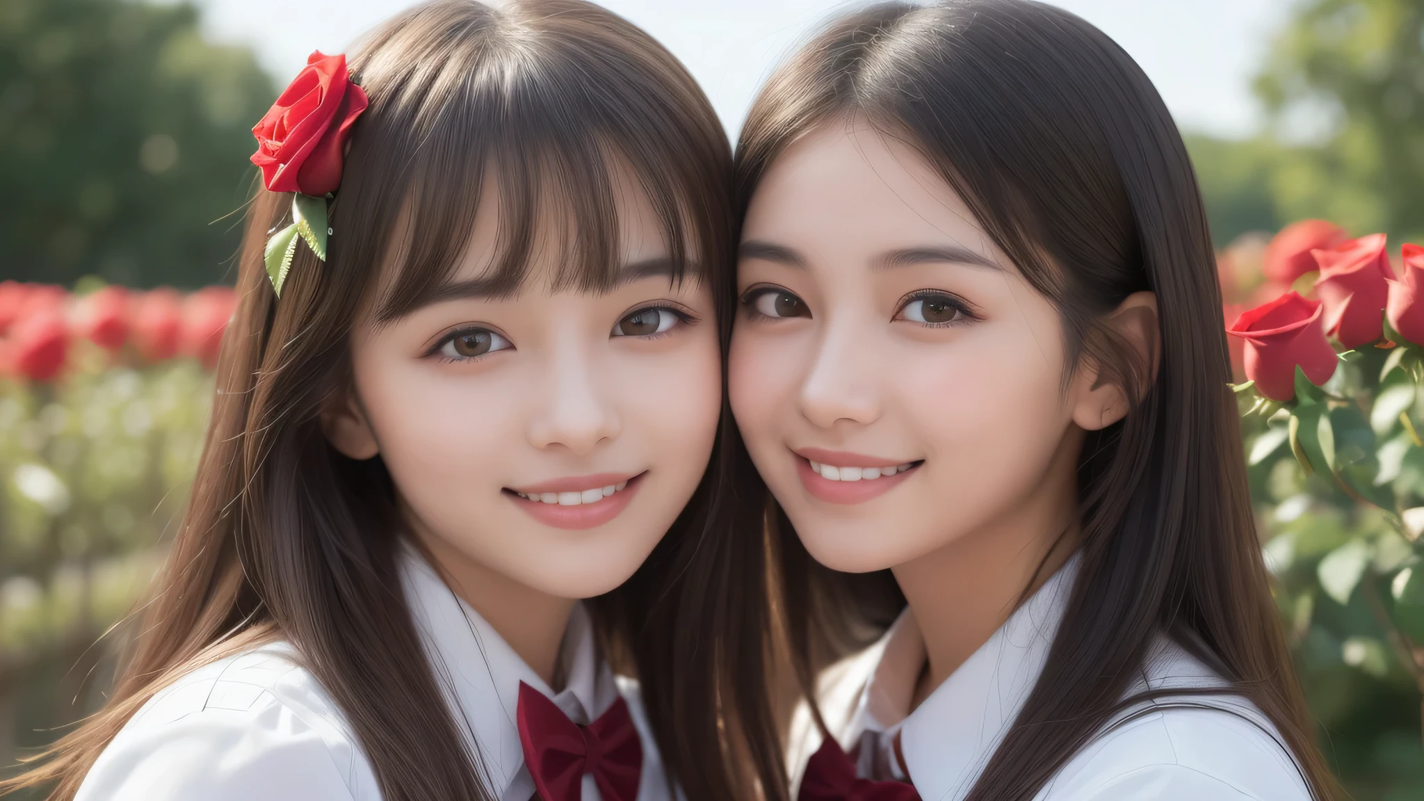 (2girl), brown eyes, bob hair, air bangs, (cute smile:1.2), A very neat face, a sense of cleanliness, (highly detailed eyes, highly detailed face), (hyper-realistic, hight resolution), (best Quality:1.4), (high school uniform:1.2), model, Enchanting, Outdoors, Beautiful scenery, clear skies, (Rose flowers, rose garden, lots of roses:1.2), (Fine face:1.2),