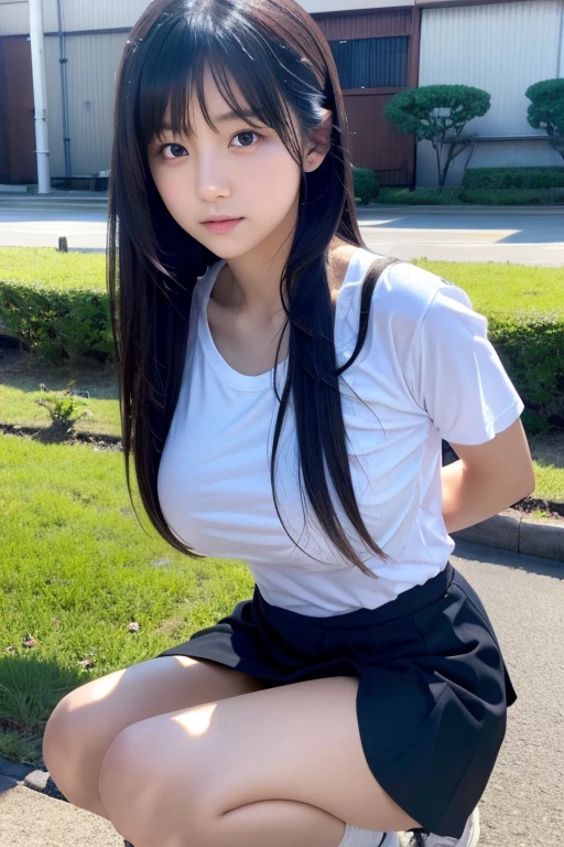 Crouching -yeld Jaese girl,Big breasts:1.5,White tight T-shirt,skirt,Black Hair,Long Hair,(masterpiece:1.4),(highest quality:1.4),Looking at the camera,Close-up,Yoshitomo Nara,mayuri shiina, Beautiful Japanese girl face, Yoshitomo Nara, Beautiful Asian Girl, yasumoto oka,School building,Schoolyard