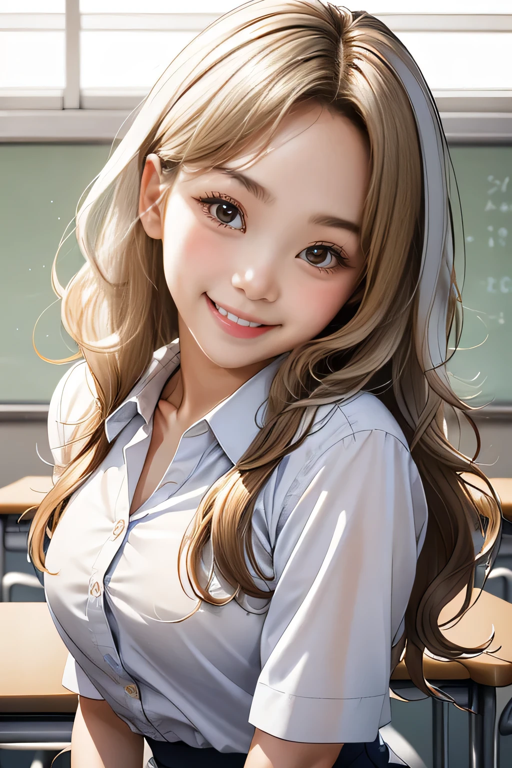 Realistic, masterpiece, highest quality, Highest Resolution, one Japanese high school girl, , Upper body photo, She narrows her eyes and looks at me with a shy smile and a smile, Laughing with mouth open, Beautiful and detailed eye drawing, (droopy eyes:1.3), Dark Eyes, Thin eyebrows, Carefully draw eyelashes, A little tooth is visible, Gal Makeup,  (White brown wavy hair with white mesh, long hair, middle part:1.3), (hidden creased eyelids:1.3), He is wearing a neat white button-up shirt., She is wearing a short pleated skirt with a gray plaid pattern, A was photographed from below at an angle, School classroom,