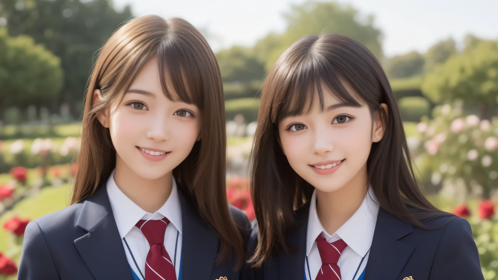 (2girl), brown eyes, bob hair, air bangs, (cute smile:1.2), A very neat face, a sense of cleanliness, (highly detailed eyes, highly detailed face), (hyper-realistic, hight resolution), (best Quality:1.4), (high school uniform:1.2), model, Enchanting, Outdoors, Beautiful scenery, clear skies, (Rose flowers, rose garden, lots of roses:1.2), (Fine face:1.2),