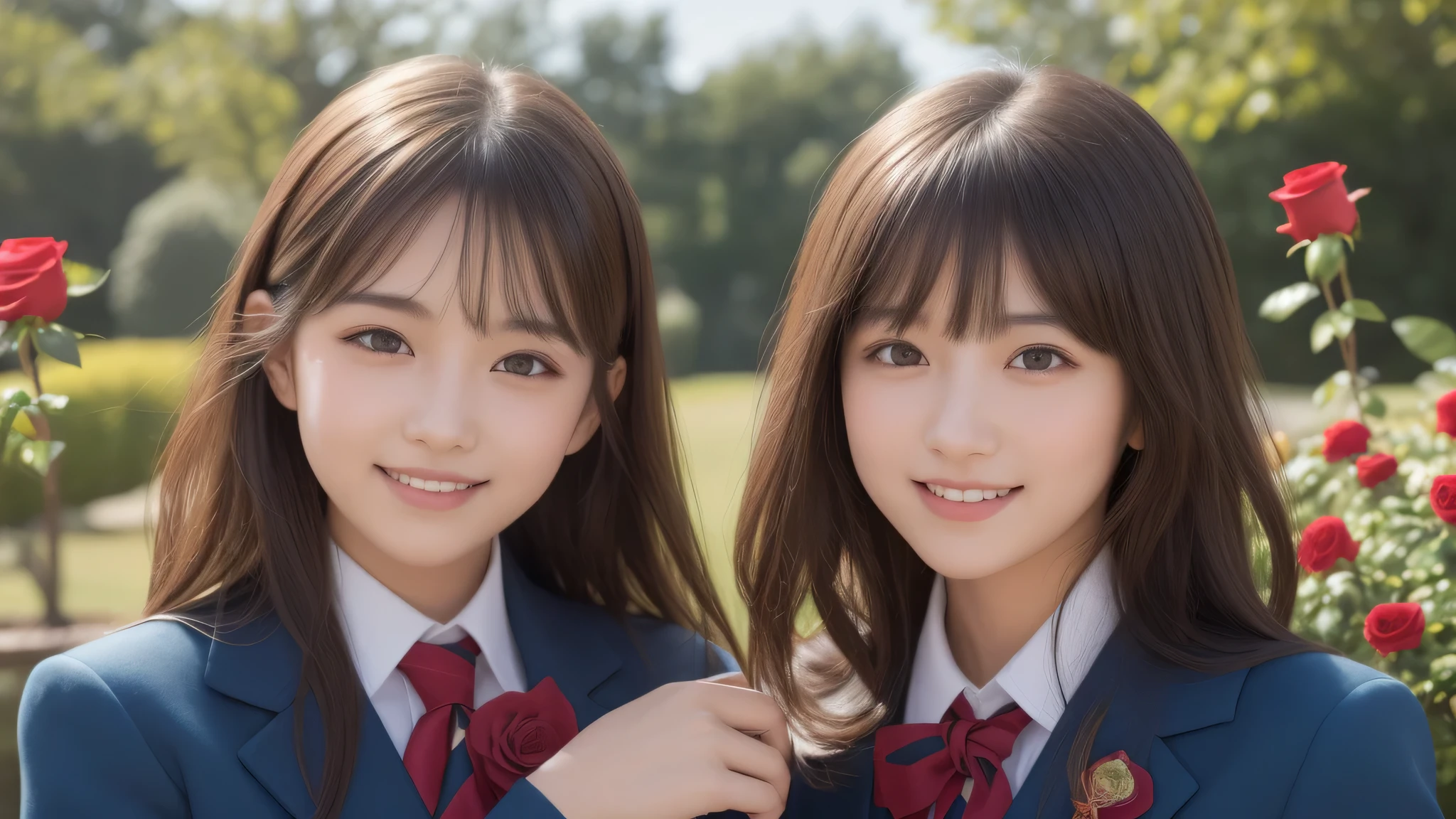 (2girl), brown eyes, bob hair, air bangs, (cute smile:1.2), A very neat face, a sense of cleanliness, (highly detailed eyes, highly detailed face), (hyper-realistic, hight resolution), (best Quality:1.4), (high school uniform:1.2), model, Enchanting, Outdoors, Beautiful scenery, clear skies, (Rose flowers, rose garden, lots of roses:1.2), (Fine face:1.2),