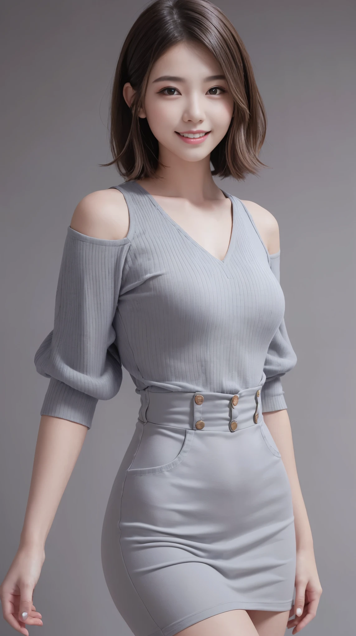 highest quality,masterpiece,Ultra-high resolution,Original photo,Ultra-high resolution,Two Girls:1.5,Slender body,dress,Full Body,high waist,Flashy makeup using red eyeshadow,Big smile,Short cut with subtle side waves,whole body,Gray background,