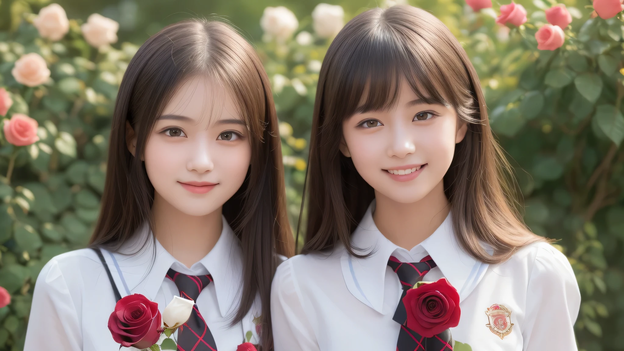 (2girl), brown eyes, bob hair, air bangs, (cute smile:1.2), A very neat face, a sense of cleanliness, (highly detailed eyes, highly detailed face), (hyper-realistic, hight resolution), (best Quality:1.4), (high school uniform:1.2), model, Enchanting, Outdoors, Beautiful scenery, clear skies, (Rose flowers, rose garden, lots of roses:1.3), (Fine face:1.2),