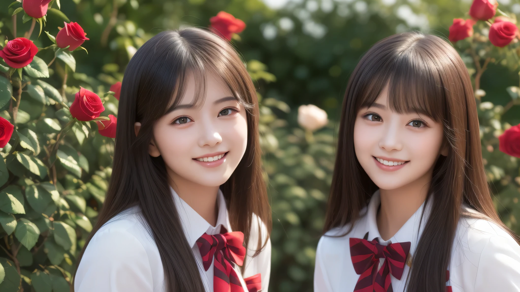 (2girl), brown eyes, bob hair, air bangs, (cute smile:1.2), A very neat face, a sense of cleanliness, (highly detailed eyes, highly detailed face), (hyper-realistic, hight resolution), (best Quality:1.4), (high school uniform:1.2), model, Enchanting, Outdoors, Beautiful scenery, clear skies, (Rose flowers, rose garden, lots of roses:1.3), (Fine face:1.2),