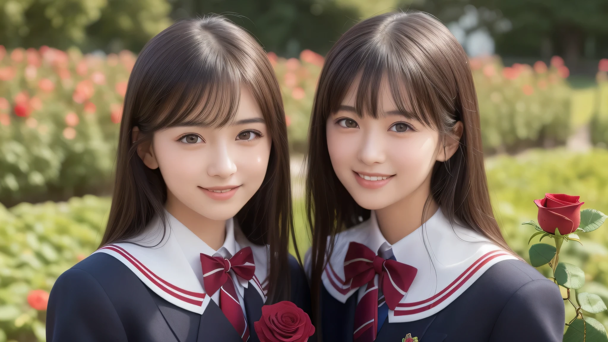 (2girl), brown eyes, bob hair, air bangs, (cute smile:1.2), A very neat face, a sense of cleanliness, (highly detailed eyes, highly detailed face), (hyper-realistic, hight resolution), (best Quality:1.4), (high school uniform:1.2), model, Enchanting, Outdoors, Beautiful scenery, clear skies, (Rose flowers, rose garden, lots of roses:1.3), (Fine face:1.2),