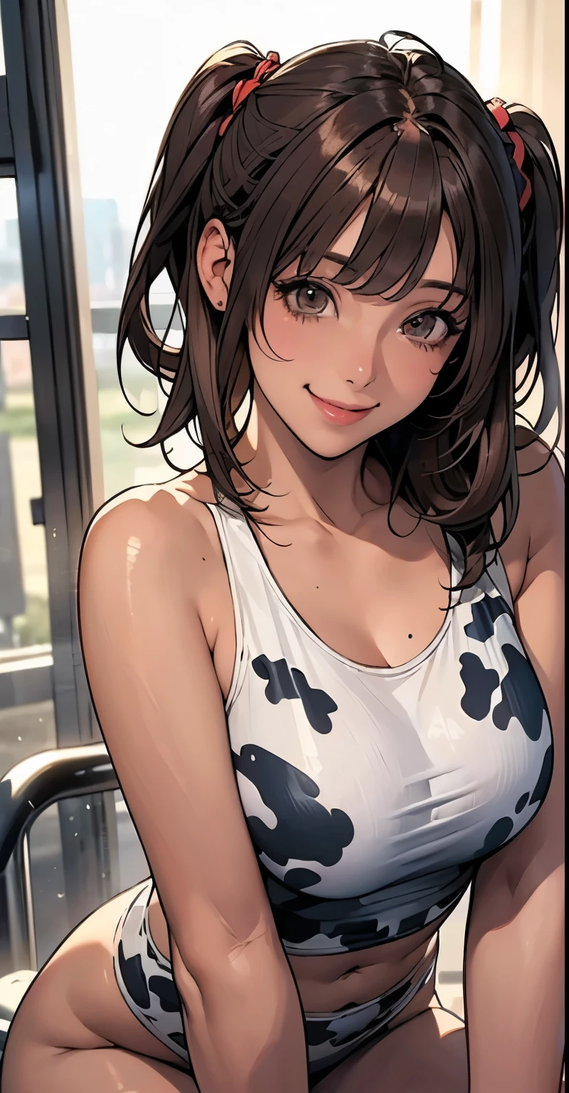 (Dark Skin:1.5)、near、High resolution,(Mysterious smile:1.5),(A revealing and lewd tempts the cows:1.25),(multicolor:1.13),(Brown Hair:1.8),(Double side up hairstyle with no bangs:1.2)