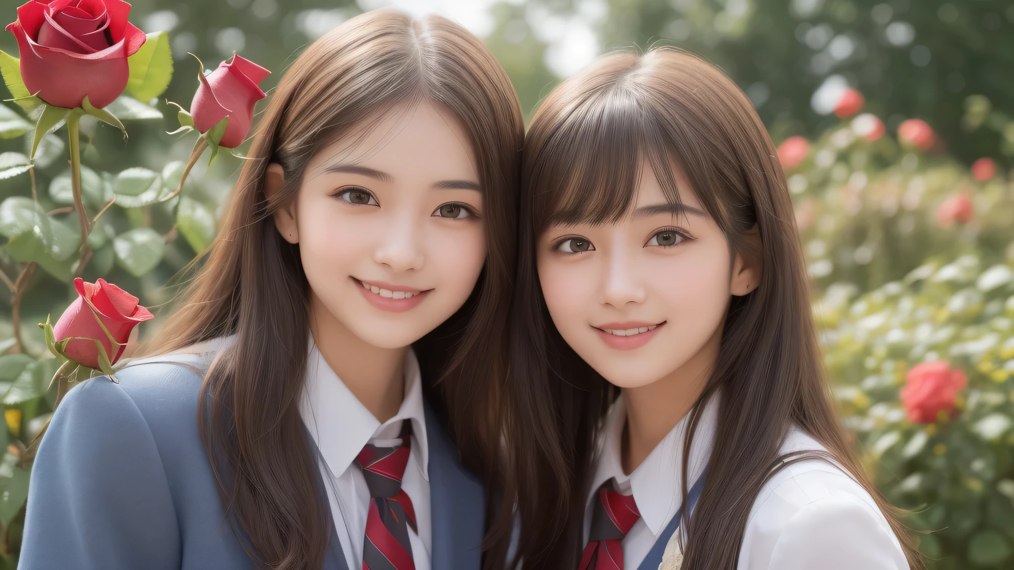 (2girl), brown eyes, bob hair, air bangs, (cute smile:1.2), A very neat face, a sense of cleanliness, (highly detailed eyes, highly detailed face), (hyper-realistic, hight resolution), (best Quality:1.4), (high school uniform:1.2), model, Enchanting, Outdoors, Beautiful scenery, clear skies, (Rose flowers, rose garden, lots of roses:1.3), (Fine face:1.2),